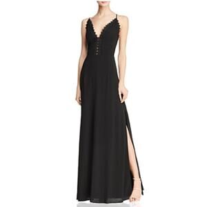 AQUA Backless Lace Trim Long A-Line Evening Gown Black Size 6 Medium Dress